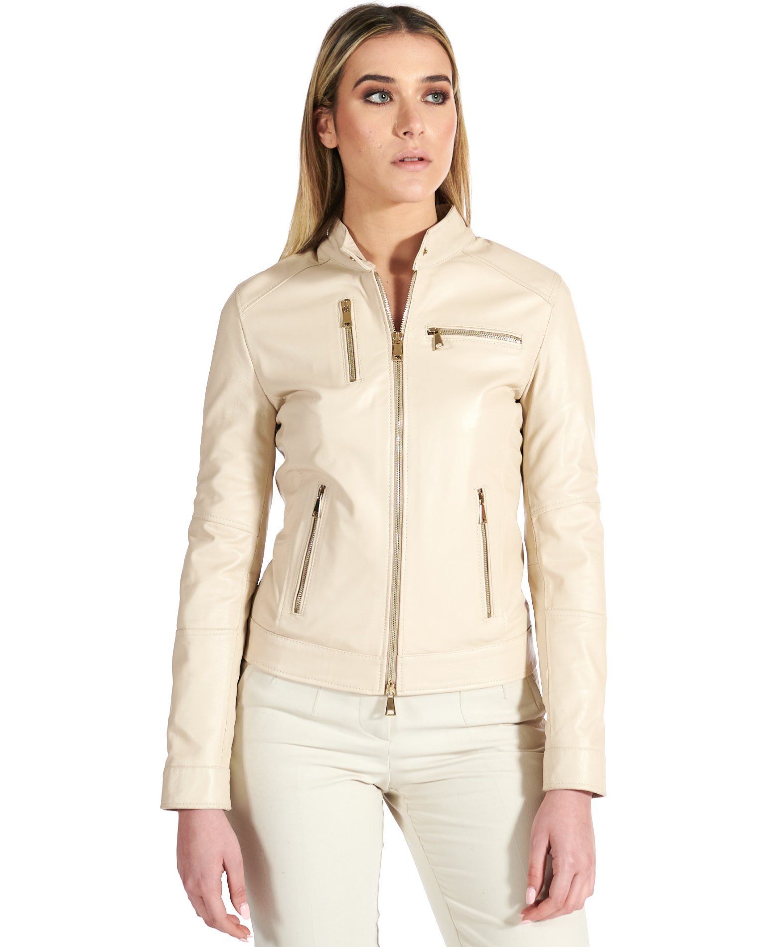 Women's leather leather biker jacket cream color D'Arienzo