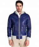 Giacca bomber in pelle blu elettrico con cappuccio