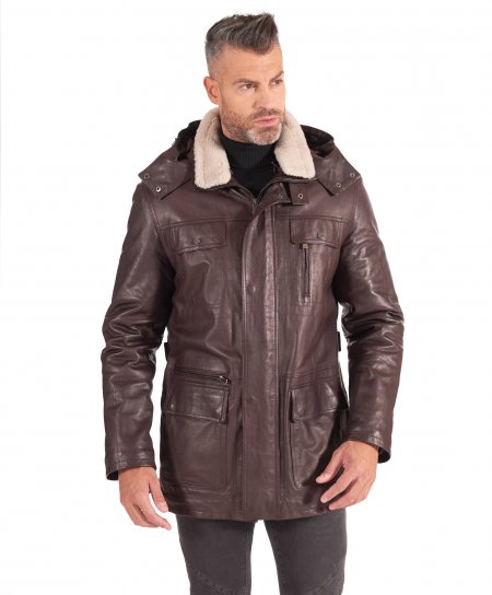 Brown hooded lamb leather...