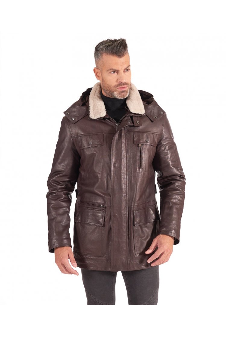 Brown hooded lamb leather...