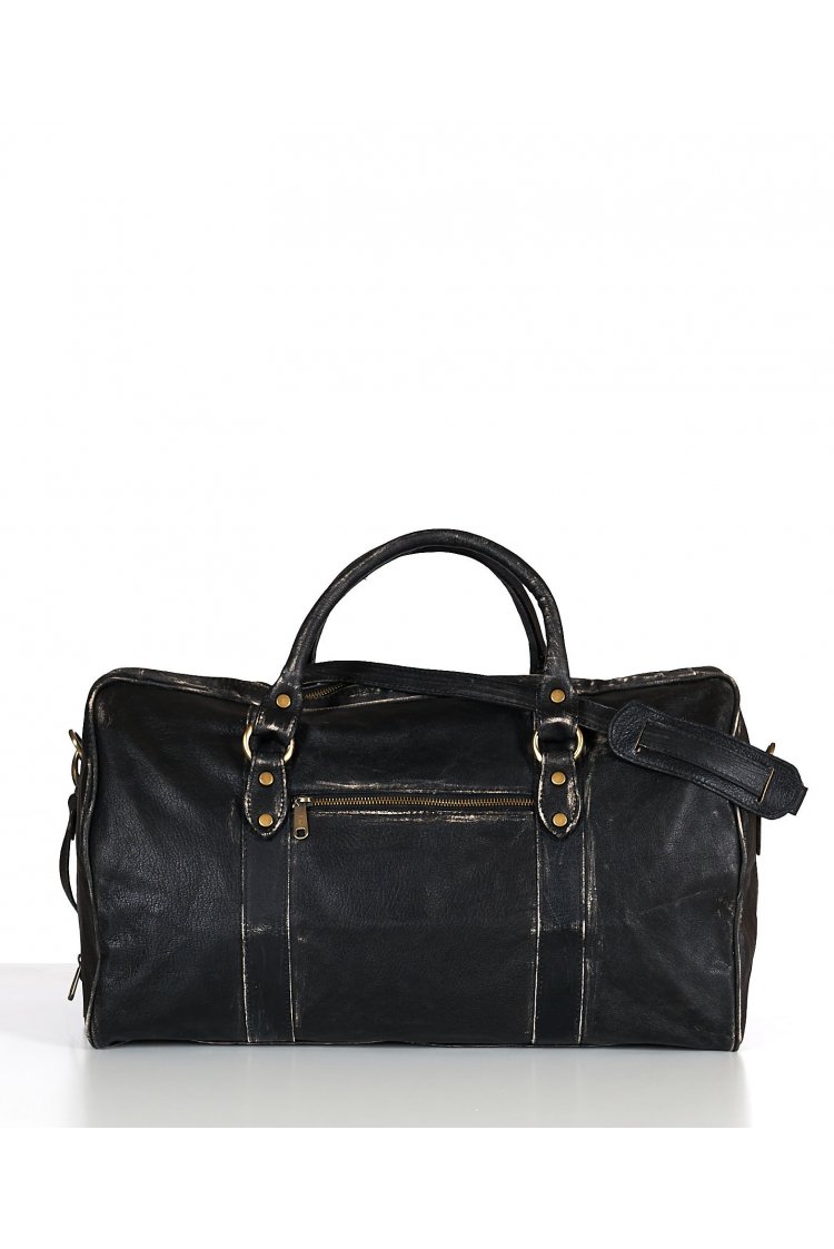 Black vintage leather travel bag with zipper closure