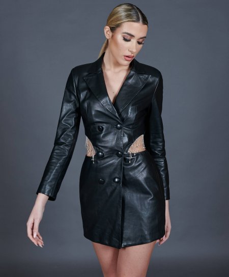 Black double-breasted leather dress with jewel chain