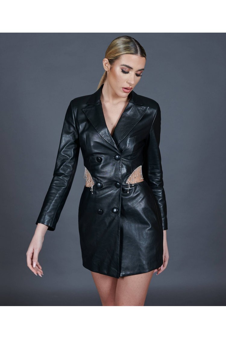 Black double-breasted leather dress with jewel chain