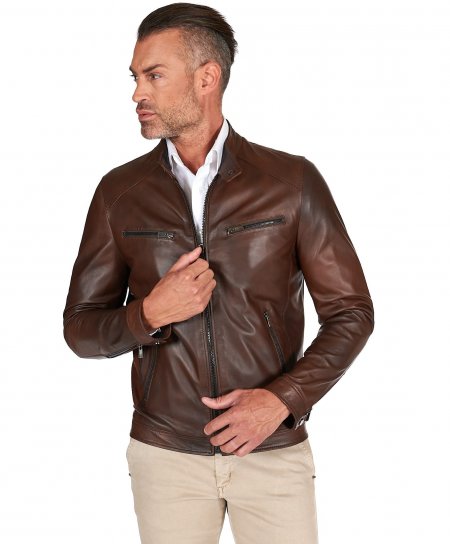 Brown natural lamb leather biker jacket four zipper pockets