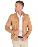 Giacca in pelle scamosciata beige con collo camicia