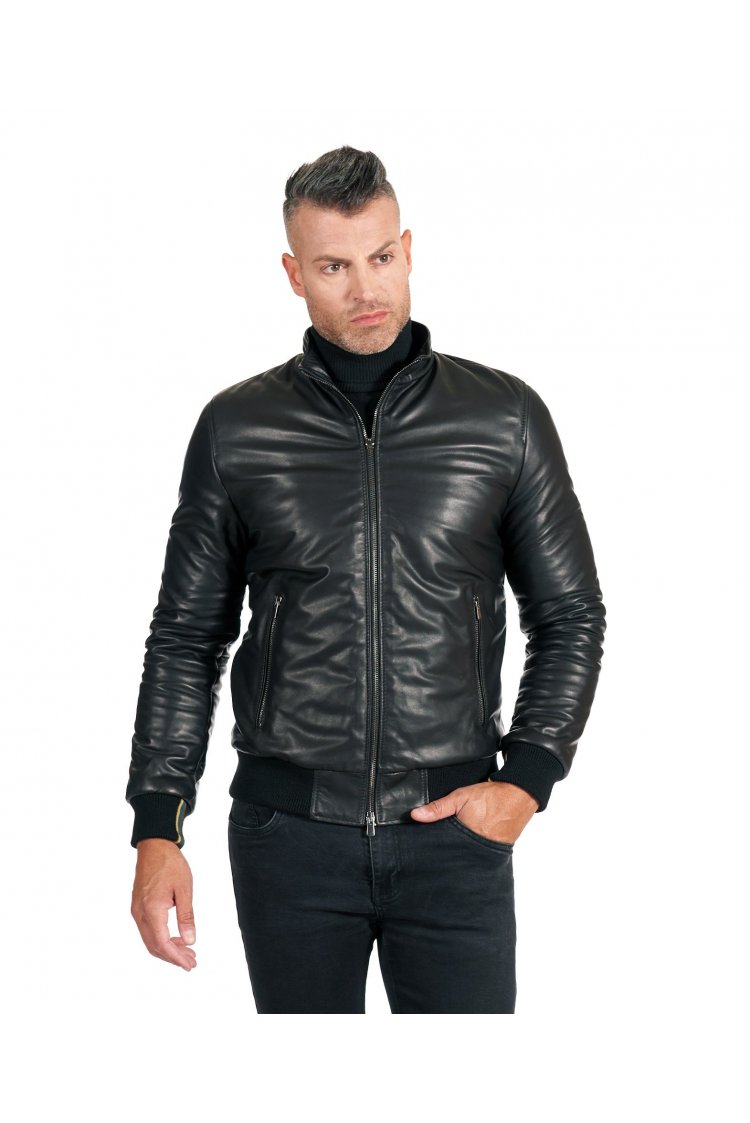 Black natural lamb leather bomber jacket smooth aspect