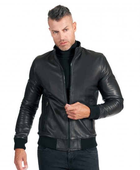 Black nappa lamb leather bomber jacket smooth aspect