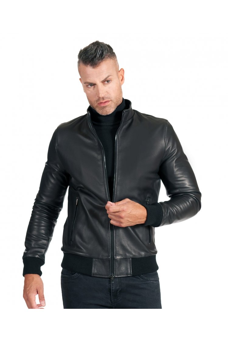 Black nappa lamb leather bomber jacket smooth aspect