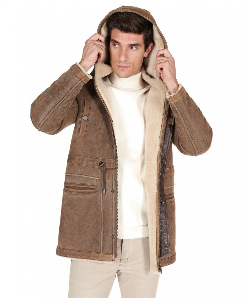 Men shearling leather jacket taupe color Thomas | D\'Arienzo | Jacken