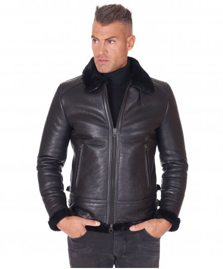 Black shearling lamb biker jacket shirt buckle collar