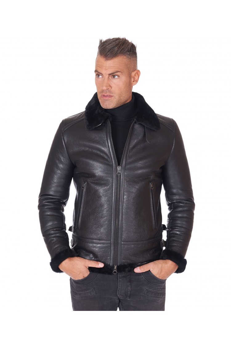 Black shearling lamb biker jacket shirt buckle collar