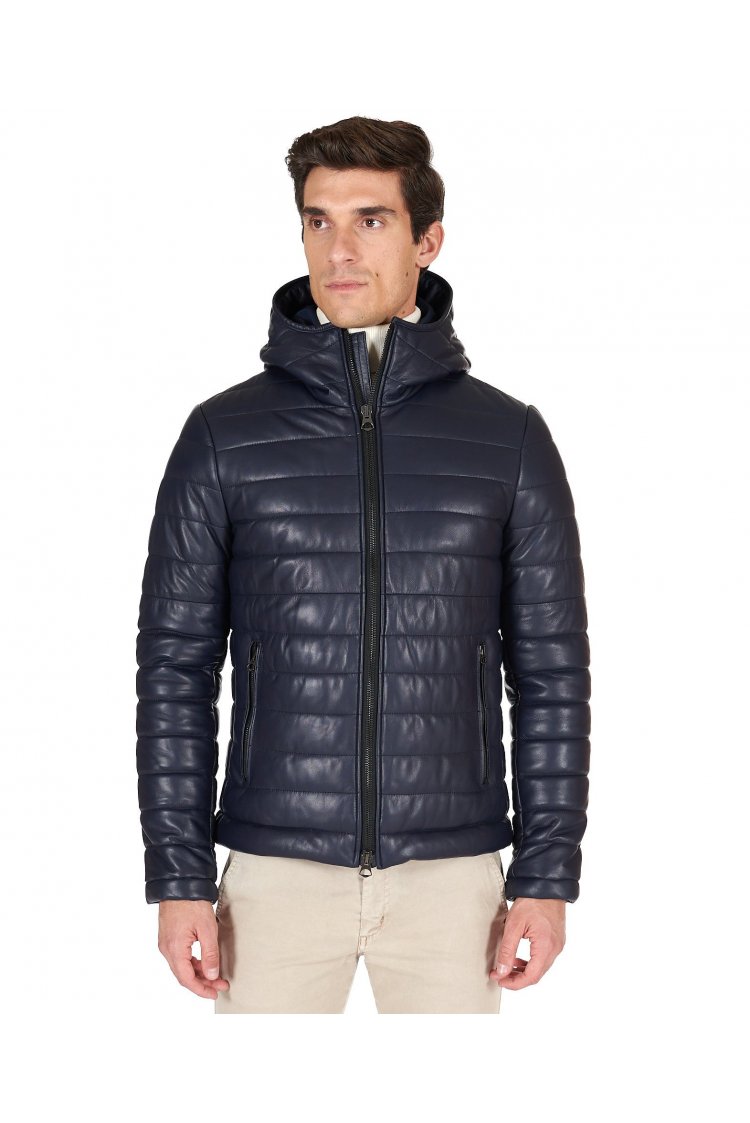 Blue hooded nappa lamb leather puffer jacket