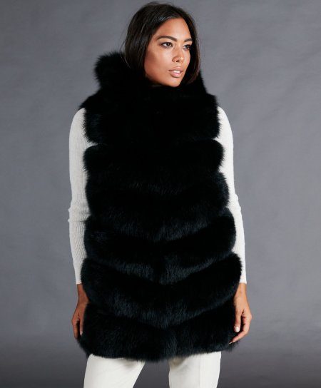 Sleeveless fox fur jacket with hood and clips • black color