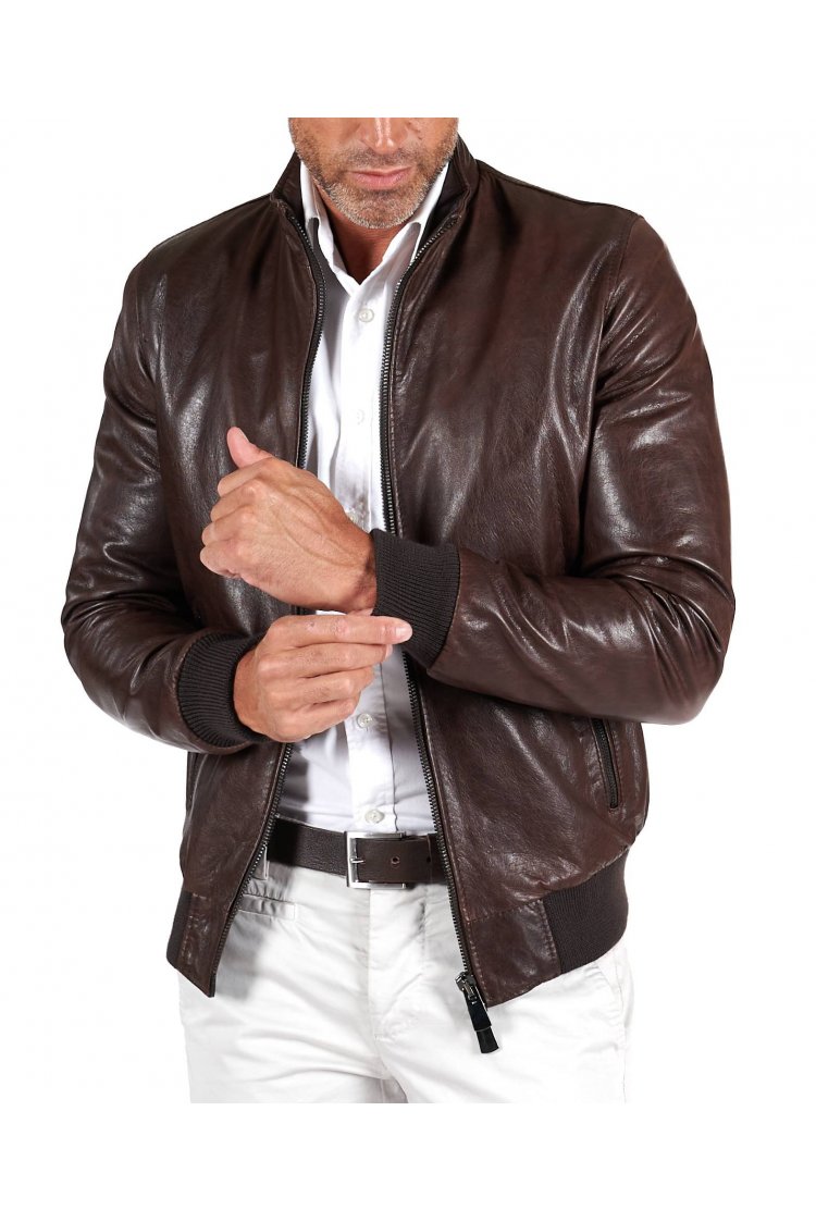 Dark brown lamb leather bomber jacket vintage aspect