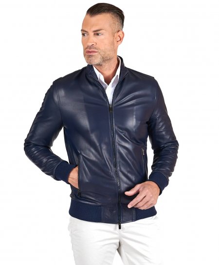 Blue nappa lamb leather bomber jacket smooth aspect
