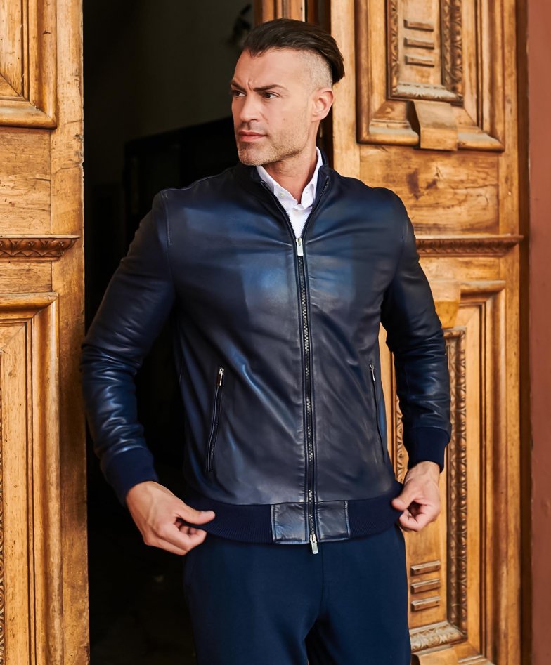 Blue nappa lamb leather bomber jacket...