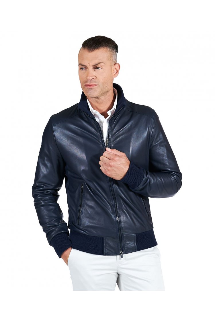 Blue nappa lamb leather bomber jacket