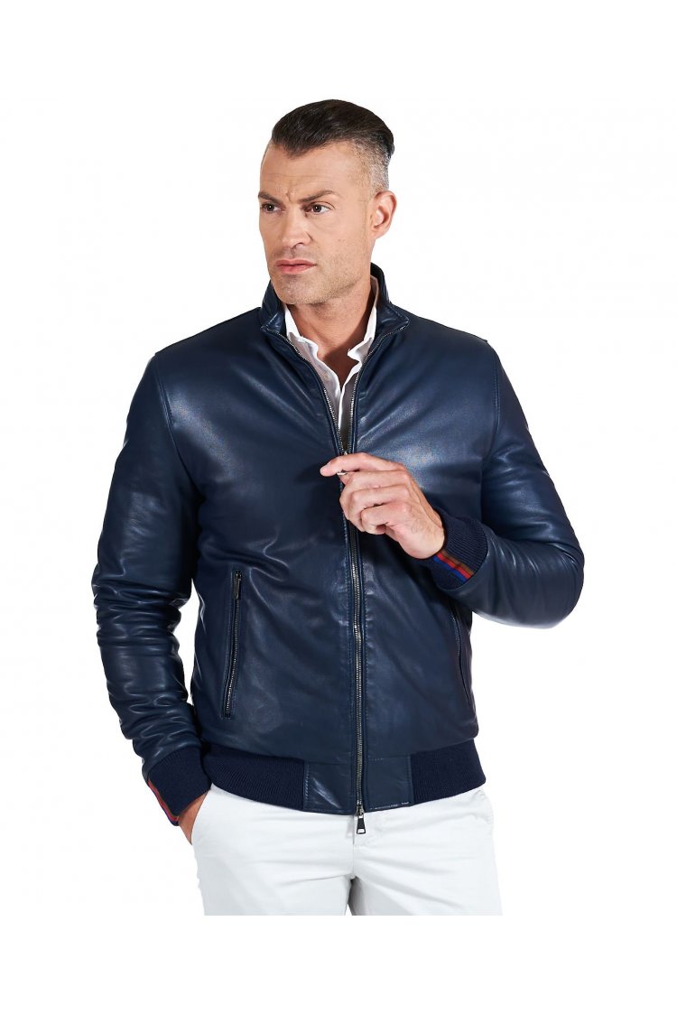 Blue padded leather bomber...