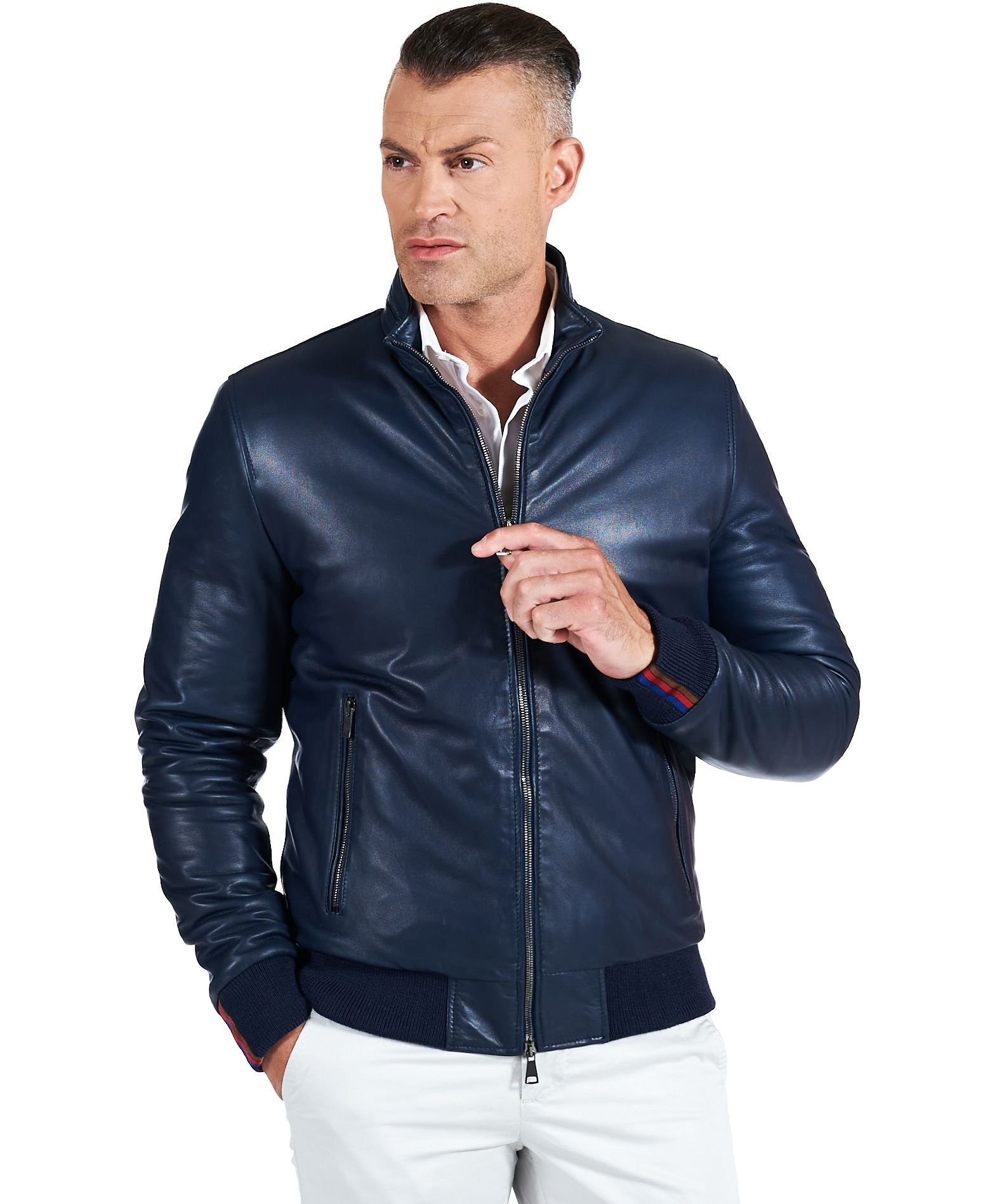 Men's bomber leather jacket blue leather bomber jacket Roy