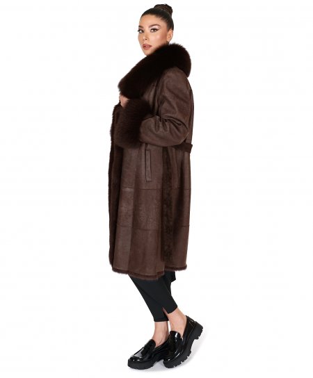 Dark nappa rabbit fur coat with fox fur collar