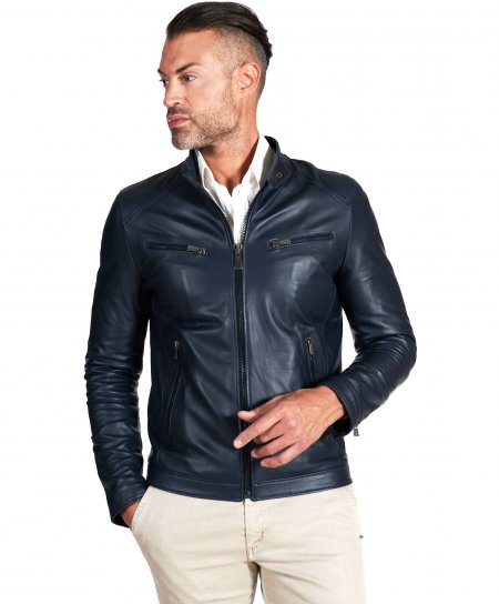 Blue nappa lamb leather biker jacket four zipper pockets