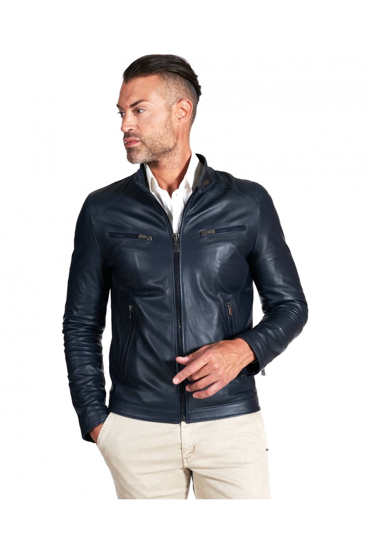 Blue nappa lamb leather biker jacket four zipper pockets