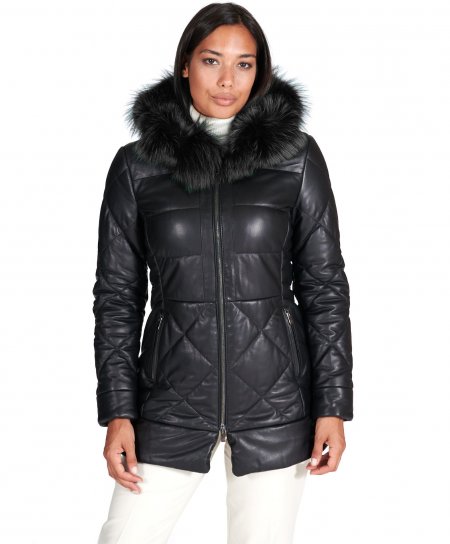Black hooded natural leather down coat fur edged hood