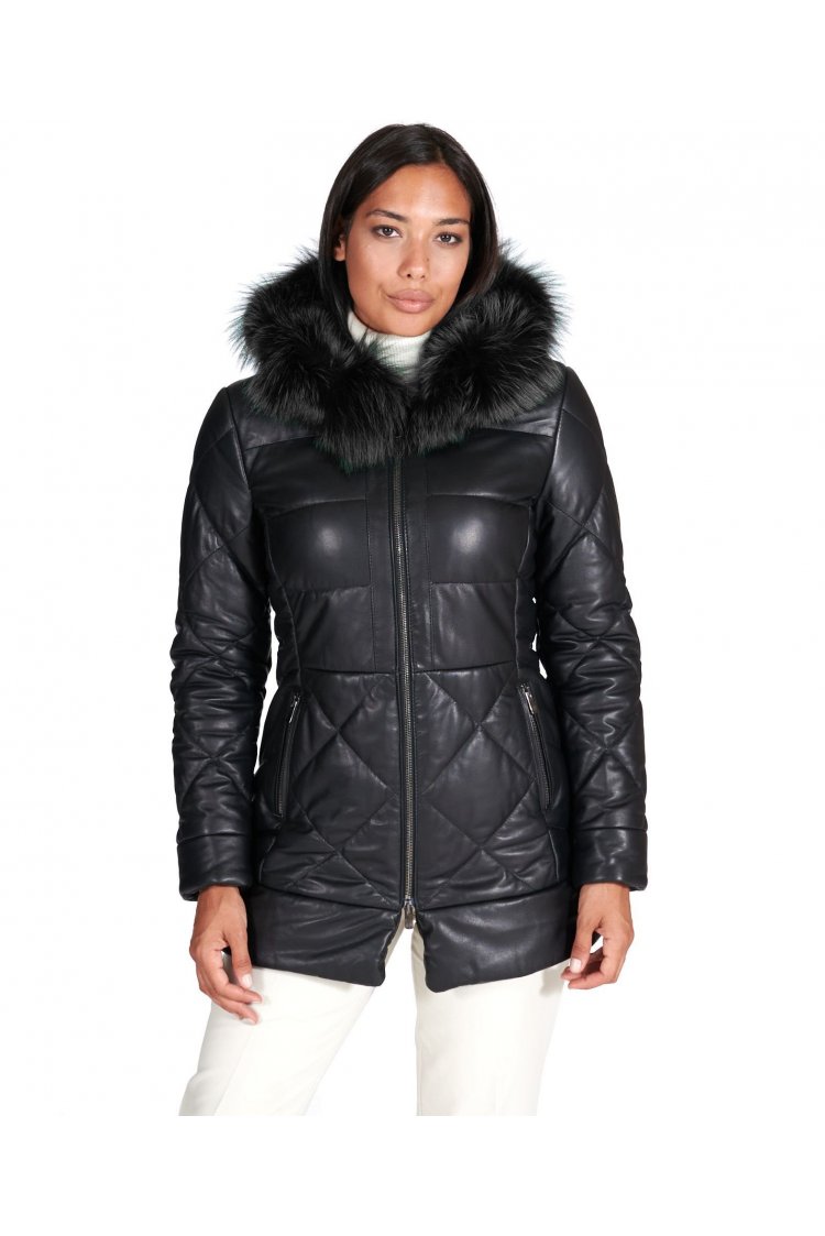 Black hooded natural leather down coat fur edged hood