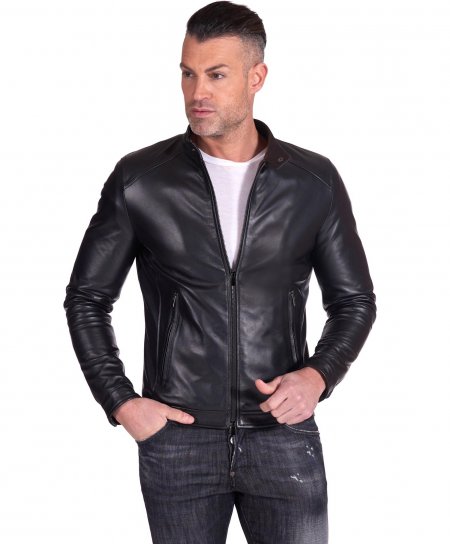 Black nappa lamb leather biker jacket korean collar