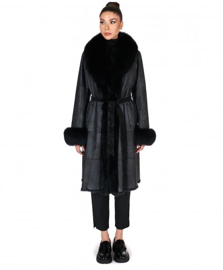 Black nappa rabbit fur coat with fox fur collar