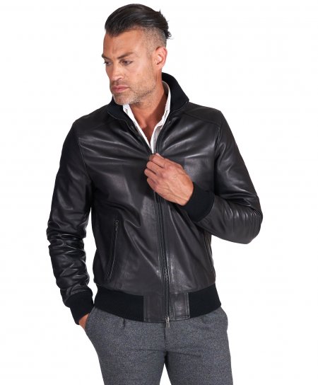 Black nappa lamb leather bomber jacket