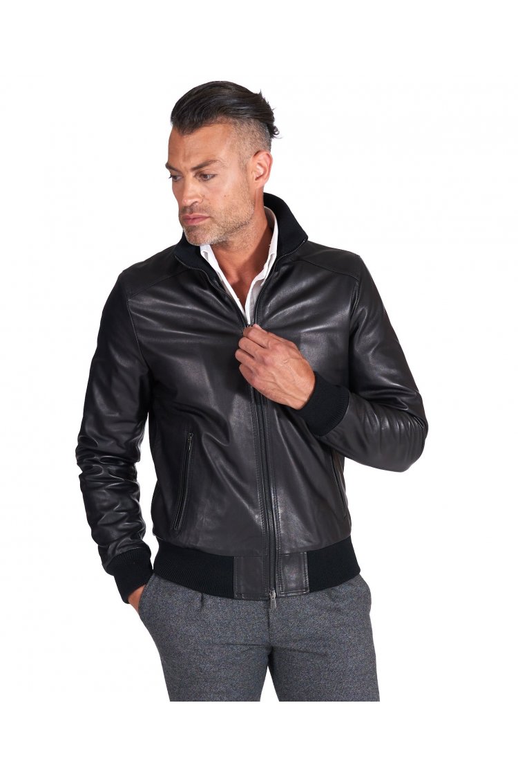 Black nappa lamb leather bomber jacket