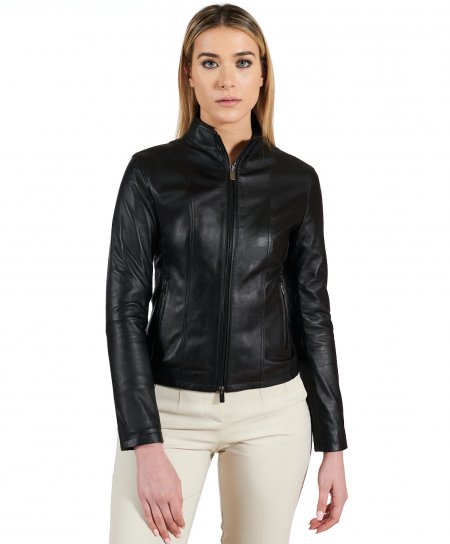 Black nappa lamb leather biker jacket korean collar