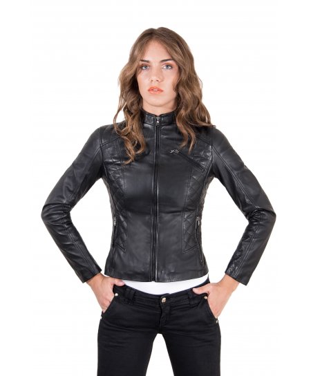 Black quilted nappa lamb leather biker jacket with zipper pockets