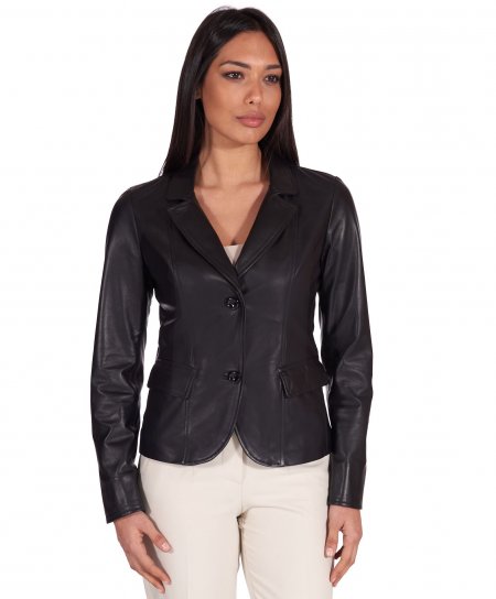 Black nappa lamb leather blazer jacket two buttons