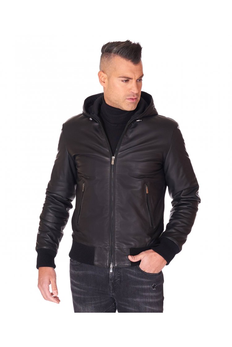 Black hooded nappa lamb leather bomber jacket