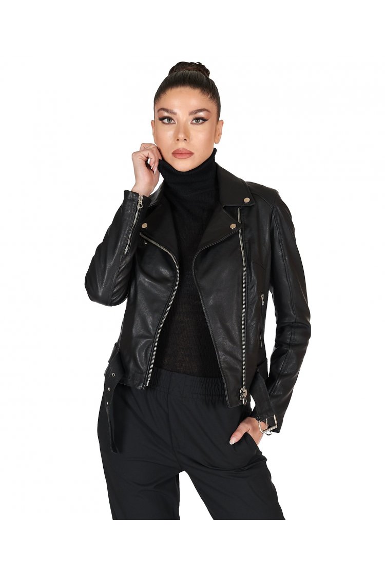 Black belted vegetable leather biker jacket vintage effect