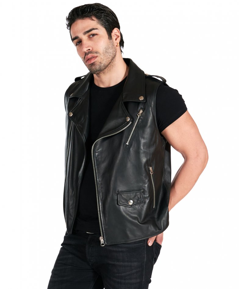 Ermal - Black nappa lamb leather sleevless jacket biker style