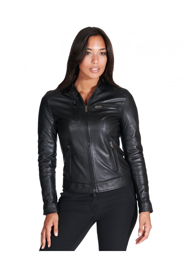 Black nappa lamb leather biker jacket four zipper pockets