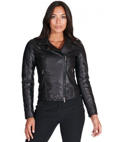 Black nappa lamb leather biker jacket cross zipper