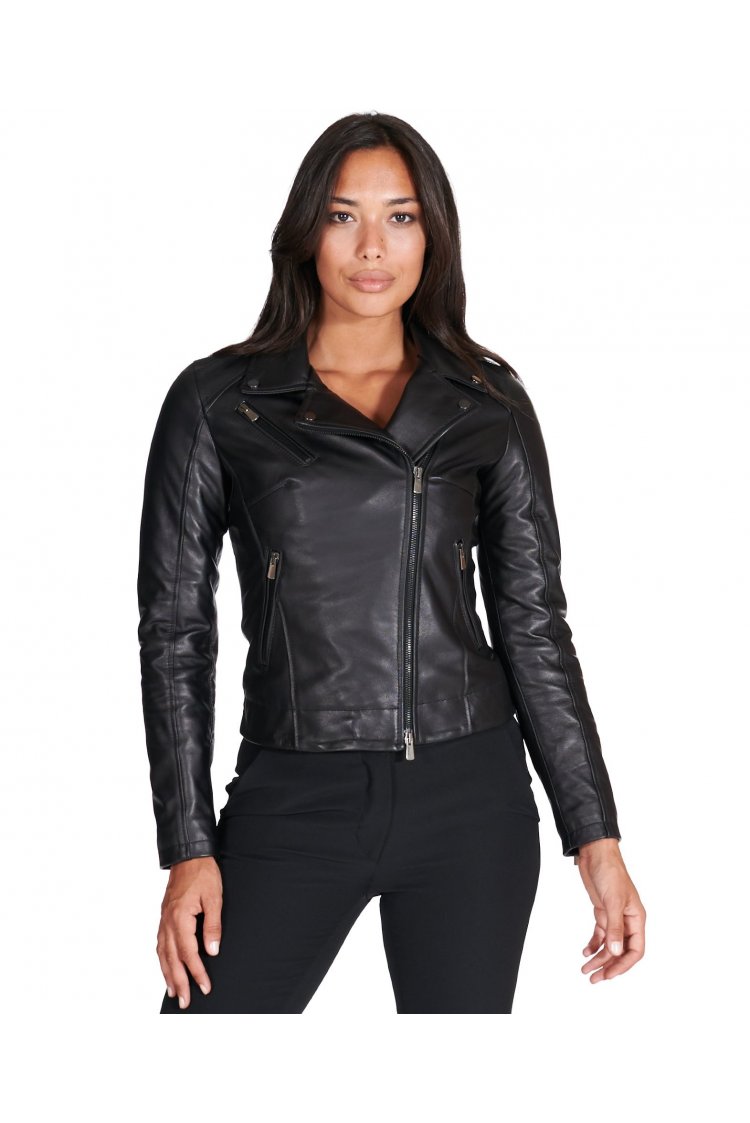 Black nappa lamb leather biker jacket cross zipper