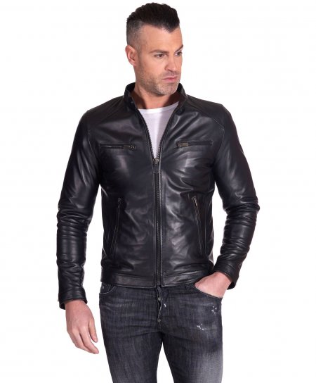 Black nappa lamb leather biker jacket four zipper pockets