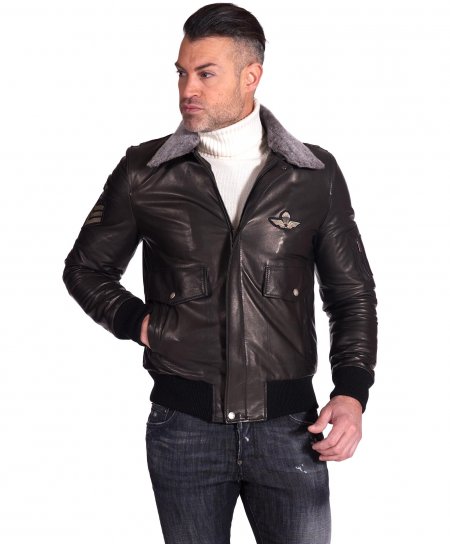 Black lamb leather bomber jacket shearling collar