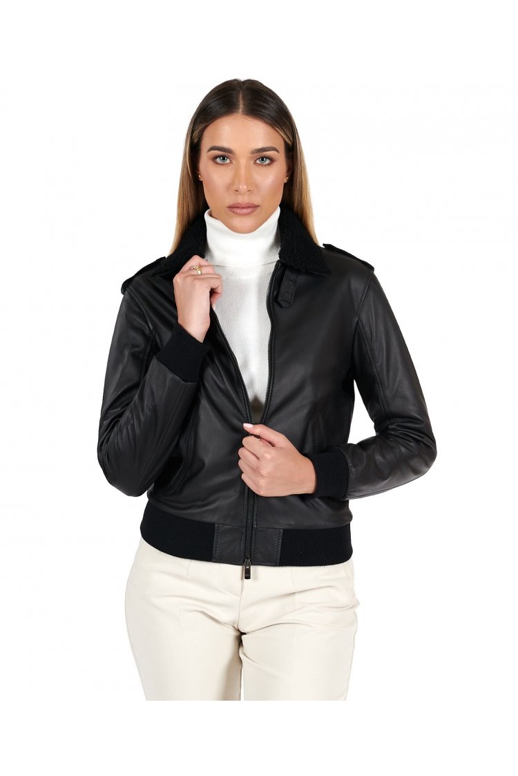 Black lamb leather bomber aviator smooth effect