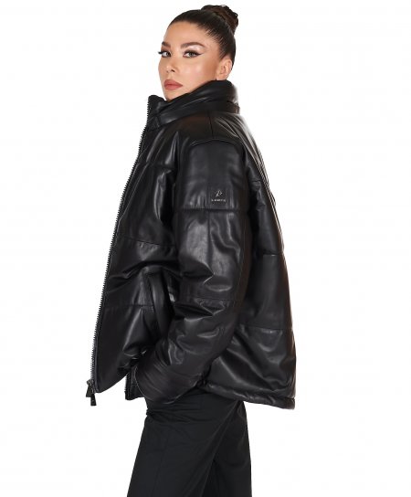 Women's black puffer leather jacket short oversized quilted version 