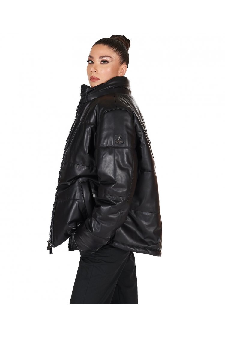 Women's black puffer leather jacket short oversized quilted version 