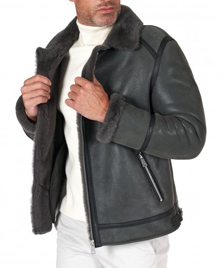 Grey Shearling biker jacket with cross zipper