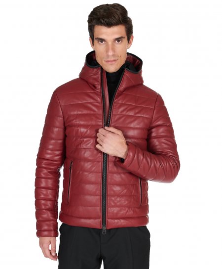 Bordeaux hooded nappa lamb leather puffer jacket
