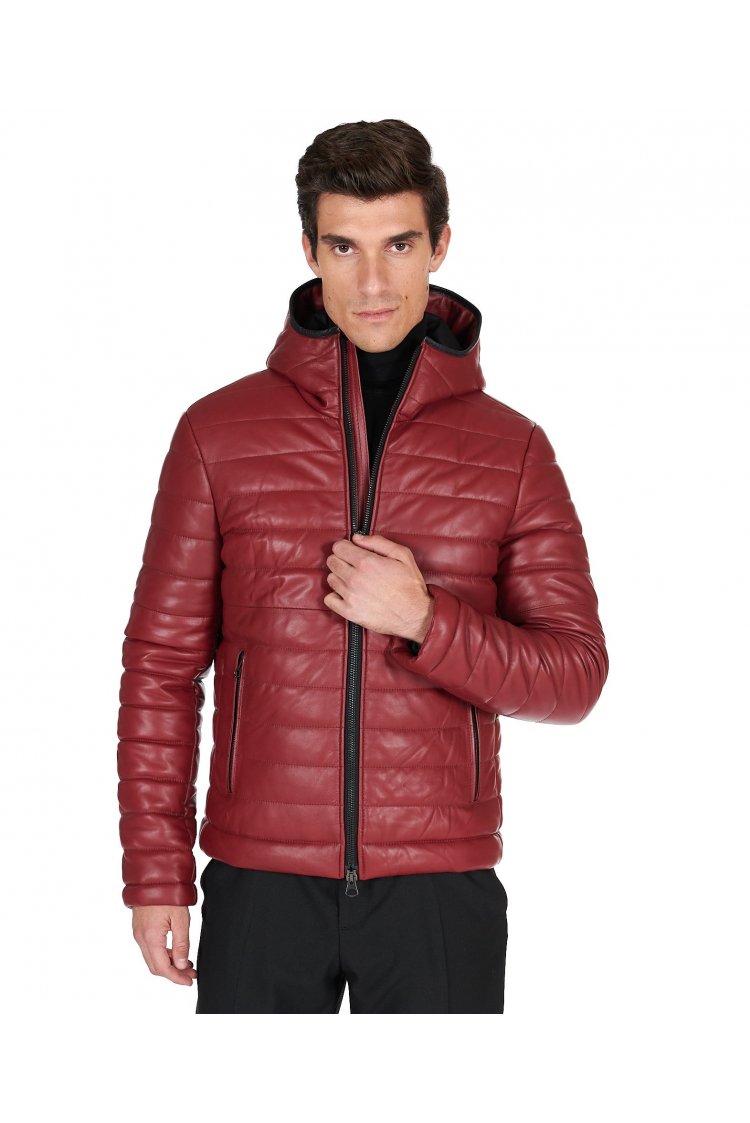 Bordeaux hooded nappa lamb leather puffer jacket