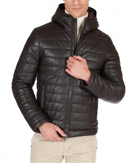 Brown hooded lamb leather puffer jacket